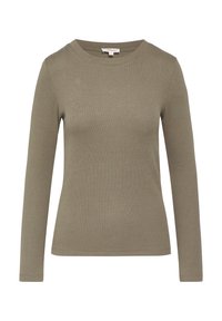 Camisa de manga larga verde oliva hecha de tela acanalada, con un escote redondo y un corte ajustado, sin patrones ni elementos metálicos visibles.