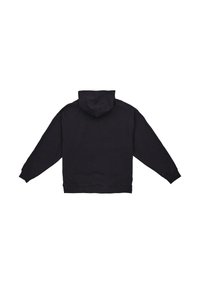 Sort hættebluse med kængurulomme, ribbede manchetter og kant, blød tekstur og snoretræk ved halsen. Bagvisning, enkel design.