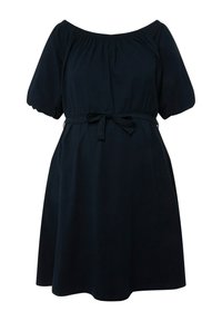 Musta off-the-shoulder -mekko, jossa on puffihihat, rento istuvuus, kokoontaitettu kaula-alue ja irrotettava kangasvyö vyötäröllä. Liukas pinta.