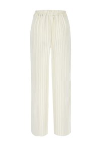 Pantalon couleur crème avec fines rayures verticales noires et taille élastique, coupe ample avec jambes droites.