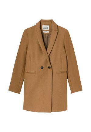Manteau en mélange de laine brun avec un col à revers, fermeture à double bouton et poches latérales. Tissu texturé avec un design classique ajusté.
