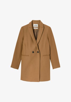 Manteau en mélange de laine brun avec un col à revers, fermeture à double bouton et poches latérales. Tissu texturé avec un design classique ajusté.