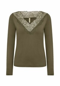 Olivenfarbene langärmelige Bluse mit einem V-Ausschnitt und kunstvollen Spitzenverzierungen, glatter Textur und taillierter Passform.