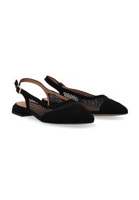 Black slingback shoes featuring a mesh design, pointed toe, and soft suede material, with a low block heel and gold hardware accents.