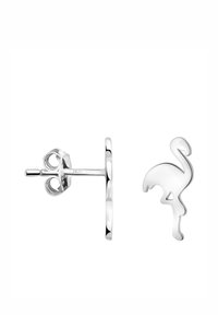Silver flamingo studs som örhängen med en polerad yta. Har ett stift och fjärilsklämma för säker användning. Enkel, modern design.