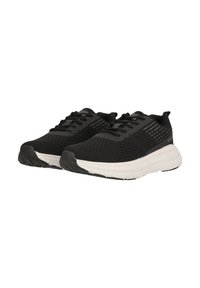 Svarta sportskor med övre i mesh, strukturerade överdrag och vit mellansula. Yttersulan har en texturerad sula för grepp.