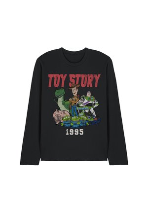 Schwarzes langärmeliges Shirt mit den Toy-Story-Figuren Woody, Buzz, Rex, Hamm und drei grünen Aliens sowie den Schriftzügen "Toy Story" und "1995".