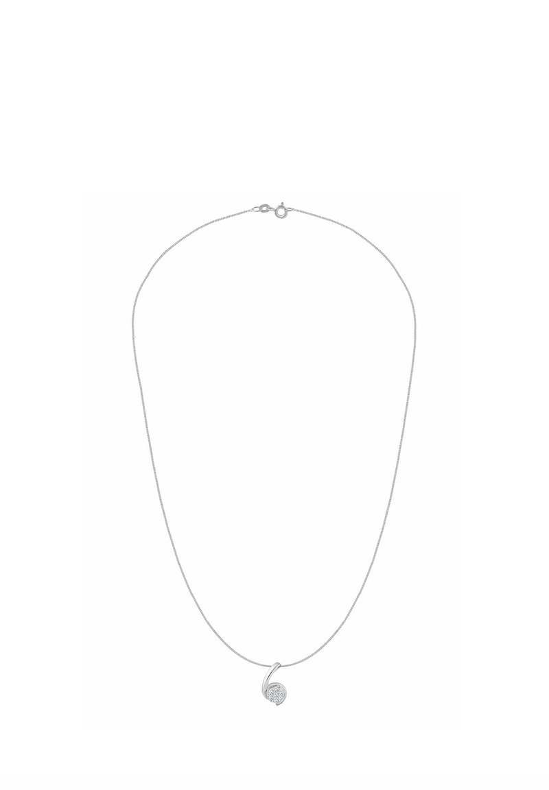 Hõbedast kaelakee, millel on siledast kett ja spiraalkujuline ripats, mis on kaunistatud läbipaistvate kristallidega ning millel on minimalistlik disain.