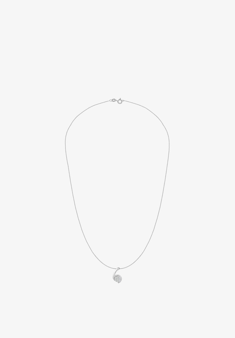 Hõbedast kaelakee, millel on siledast kett ja spiraalkujuline ripats, mis on kaunistatud läbipaistvate kristallidega ning millel on minimalistlik disain.