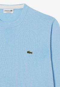 Maglione azzurro chiaro in cotone, con un colletto rotondo a coste e un piccolo logo verde a forma di coccodrillo sul lato sinistro del petto. Design dalla vestibilità regolare.