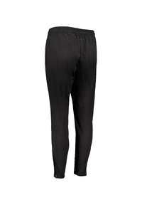 Pantaloni sportivi neri con una texture liscia, vita elastica, design affusolato e aperture laterali alle caviglie per facilitare il movimento.