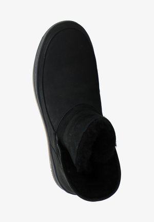 Schwarze Knöchelstiefel aus weichem Wildleder, mit einem umklappbaren Schaft, der mit Fell gefüttert ist. Abgerundete Spitze und Gummisohle für guten Halt.