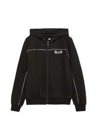 Zwarte rits-hoodie gemaakt van zacht materiaal. Met witte bies, "SLVR" logo op de borst en koordjes aan de capuchon.