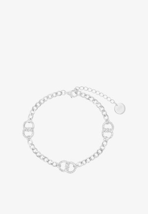 Bracelet en argent avec maillons de chaîne entrelacés et trois maillons circulaires décoratifs ornés de petits cristaux, doté d'un fermoir réglable.