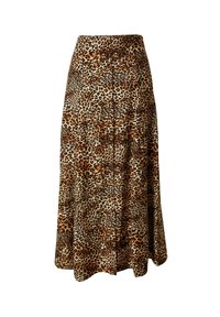 Lange rok met luipaardprint, een getailleerde taille, vloeiend materiaal en geplooide details. Kleurenschema omvat tinten bruin, beige en zwart.