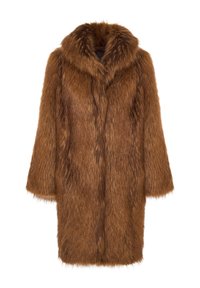 Brun faux fur frakke med bred krave, korte ærmer og en tyk, struktureret overflade, der har et mellemlangt design.