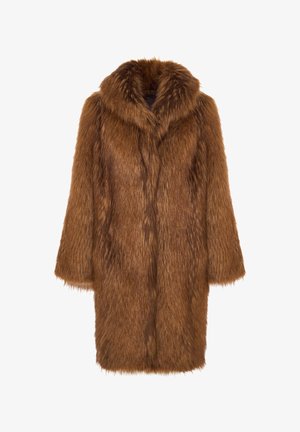 Palton din blană artificială de culoare maro, cu un guler larg, mâneci scurte și o suprafață groasă, texturată, având un design de lungime medie.