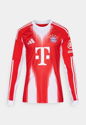 Maillot de football à manches longues rouge et blanc présentant des dégradés, le logo du club et trois bandes sur les manches, fabriqué en matériau respirant.
