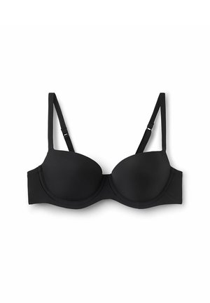 Sort underwire-bh med formede kopper, justerbare stropper og en glat tekstur. Har en hægteslås bagpå.
