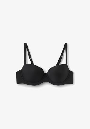 Sort underwire-bh med formede kopper, justerbare stropper og en glat tekstur. Har en hægteslås bagpå.