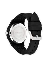 Orologio con cinturino in gomma nera e retro in acciaio inox. Presenta un cinturino testurizzato e una fibbia argentata. Resistente all'acqua fino a 5 ATM.