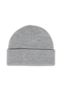 Cappello beanie grigio lavorato a maglia con orlo ripiegato, motivo testurizzato e cima senza cuciture. Realizzato in materiale morbido e flessibile, adatto per il freddo.