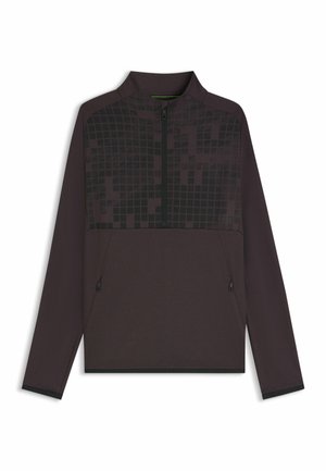 Pitkähihainen, vetoketjullinen pullover tumman violetissa, jossa on teksturoitu yläosa ruutukuviolla ja kaksi sivuvetoketjullista taskua.