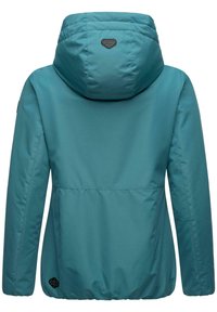 Teal puffy jacka med avtagbar huva, elastisk fåll och sidoseam. Har en patch på baksidan och en slät tygtextur.