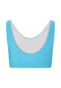 Lyseblå bikini top med rund halsudskæring, lavet af glat, strækbart materiale. Har en dobbeltlagsdesign for støtte.