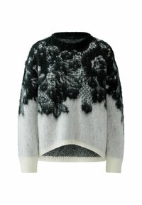 Flauschiger Pullover in Grau und Weiß mit einem Farbverlauf-Design und floralem Muster. Verfügt über eine lockere Passform, einen weiten Ausschnitt und gerippte Bündchen.