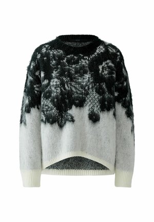 Flauschiger Pullover in Grau und Weiß mit einem Farbverlauf-Design und floralem Muster. Verfügt über eine lockere Passform, einen weiten Ausschnitt und gerippte Bündchen.