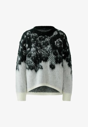 Flauschiger Pullover in Grau und Weiß mit einem Farbverlauf-Design und floralem Muster. Verfügt über eine lockere Passform, einen weiten Ausschnitt und gerippte Bündchen.