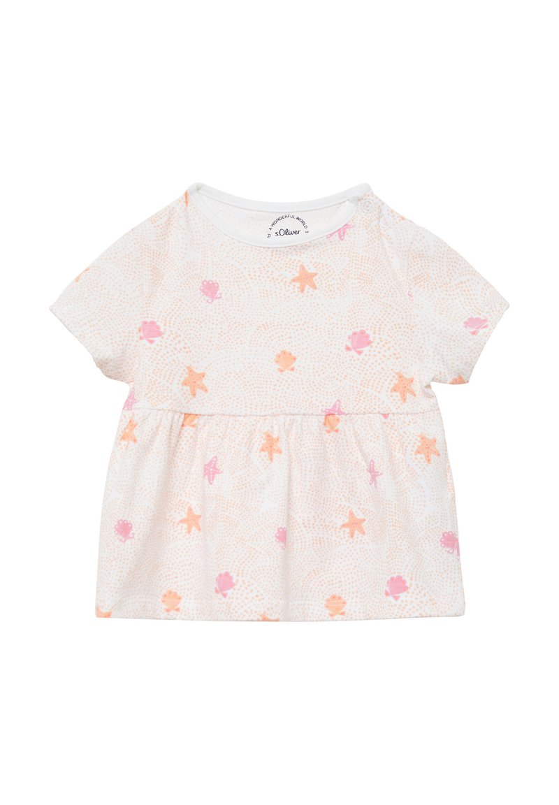 Weißes Babykleid mit kurzen Ärmeln, verziert mit rosa und orangefarbenen Mustern von Seesternen und Muscheln, sowie Druckknöpfen an einer Schulter.