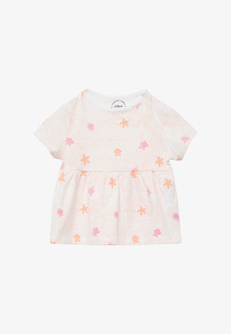 Robe blanche pour bébé à manches courtes, avec des motifs d'étoiles de mer et de coquillages roses et oranges, ainsi que des boutons-pression sur une épaule.