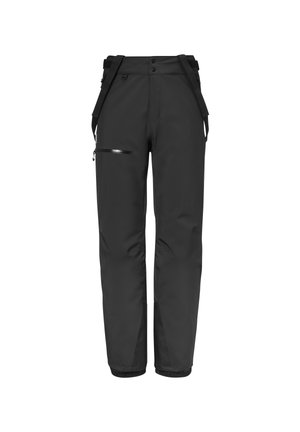 Schwarze Outdoor-Hosen mit verstellbaren Trägern, zwei seitlichen Reißverschlusstaschen, elastischen Bündchen und einem glatten, wasserdichten Stofffinish.