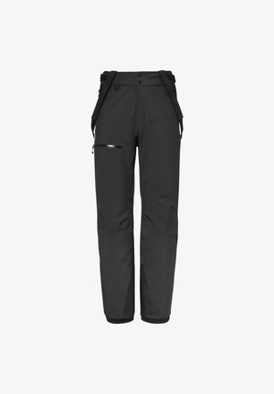 Schwarze Outdoor-Hosen mit verstellbaren Trägern, zwei seitlichen Reißverschlusstaschen, elastischen Bündchen und einem glatten, wasserdichten Stofffinish.