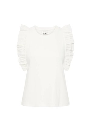 Camicia bianca senza maniche con scollo rotondo e dettagli di tessuto arricciato lungo gli scalfi su entrambi i lati.