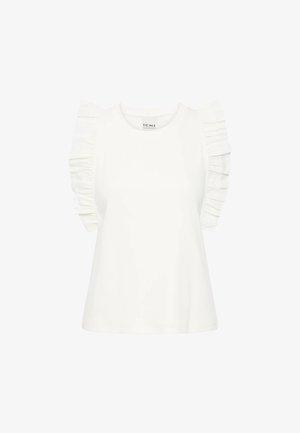 Witte mouwloze blouse met ronde halslijn en gerimpelde stofdetails langs de armsgaten aan beide zijden.