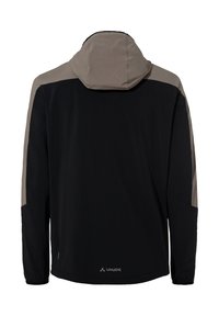 Giacca nera con cappuccio grigio e dettagli sulle spalle. Presenta maniche lunghe e un logo all'orlo. Realizzata in tessuto leggero.