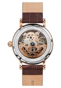 Orologio meccanico con retro trasparente che mostra il complesso movimento, metallo tono oro, cinturino in pelle marrone, cassa in acciaio inossidabile e resistenza all'acqua.