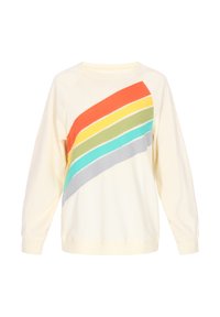 Sweatshirt de culoare crem cu un design în dungi diagonale de culoare curcubeu în roșu, galben, verde, teal și gri. Are mâneci lungi și guler rotund.