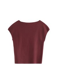 Burgundská krátká crop top s širokým výstřihem, hladkým povrchem a uvolněným střihem, nabízející jednoduchý a moderní design.