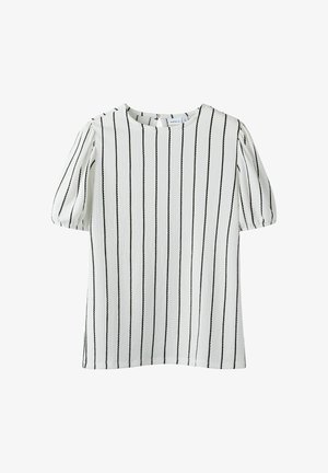 Top bianco testurizzato con strisce verticali nere, scollatura rotonda e maniche corte a sbuffo. Design versatile adatto a varie occasioni.
