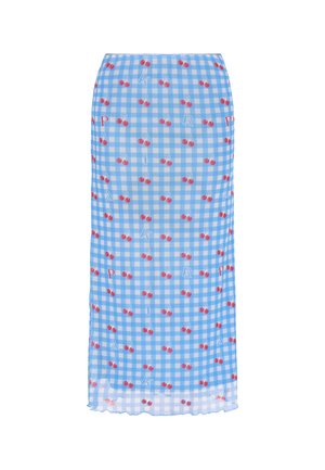 Modrá kockovaná sukňa s potlačou čerešní, vyrobená z ľahkej tkaniny, s jemnou textúrou a strednou dĺžkou.