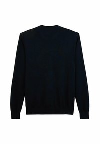 Pull en maille noir avec manches longues, col rond, poignets et ourlet côtelés. Texture en maille lisse ; pas de motifs ou d'accents visibles.