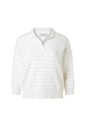 Weißer Strickpullover mit Kragen, V-Ausschnitt und horizontalen Lochstreifen, mit gerippten Bündchen und Saum.