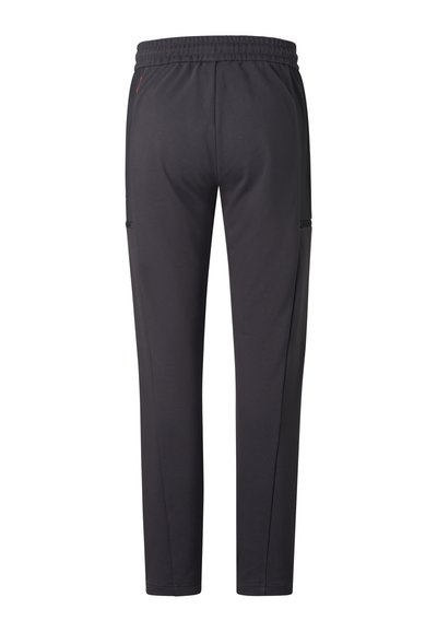 Czarne sportowe spodnie z elastycznym paskiem w talii i bocznymi kieszeniami, widoczne od tyłu, o wąskim, zwężanym kroju.