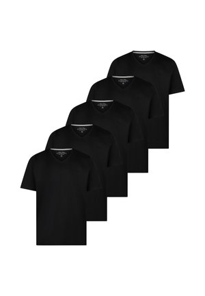 Fünf schlichte schwarze V-Ausschnitt T-Shirts mit kurzen Ärmeln, überlappend in versetzter Reihe angeordnet.