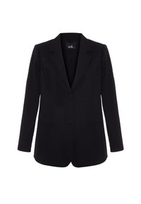 Veste blazer noire ajustée avec revers, deux boutons, discrètes paillettes sur les épaules et le haut des manches, et trois poches avant.