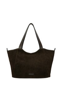 Sac cabas en daim brun foncé avec deux poignées texturées et un petit logo blanc centré près du bas.